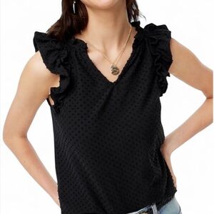 J.Crew Factory Ruffle short sleeve clip-dot V-Neck Top Black Small